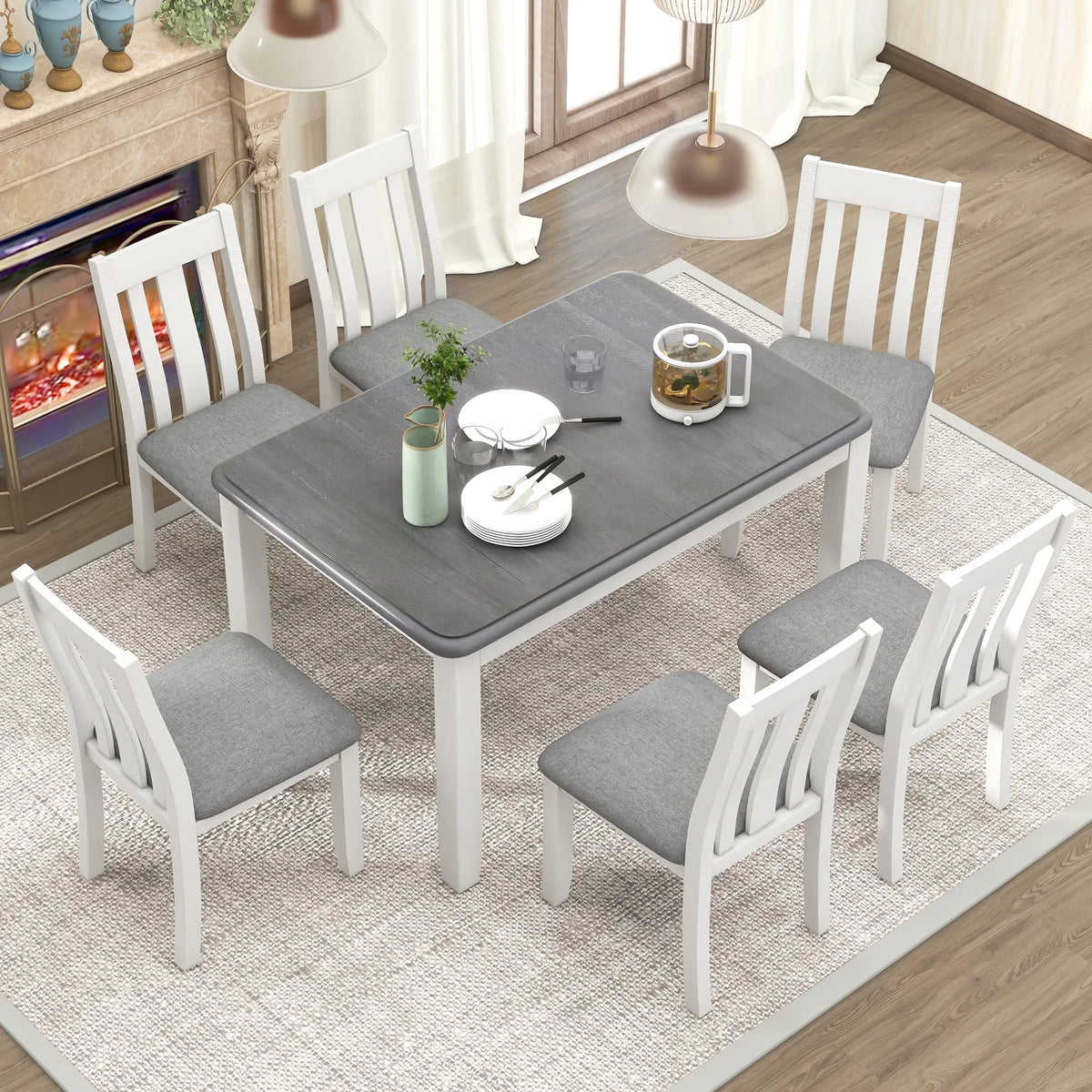 EUROCO 7 Piece Solid Wood Dining Set,70" Dining Room Table Set with Extendable Table,Removable Leaf and 6 Upholstered Ergonomically Desiged Chairs,Rectangle Dining Table Set for 6-8