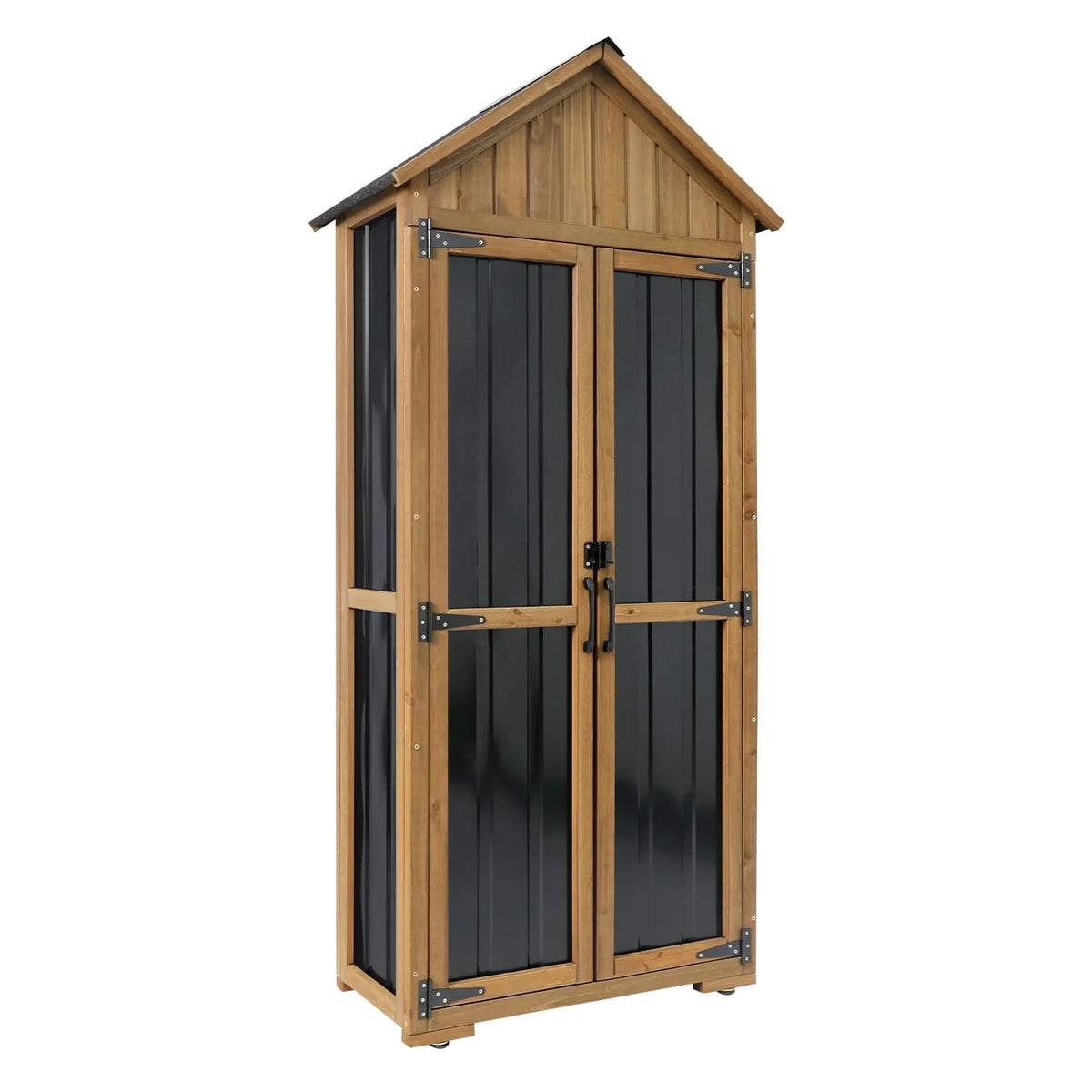 PETSCOSSET Outdoor Storage Cabinet – Weatherproof Wood & Metal Storage Shed with Adjustable Shelf, Lockable Doors, and Stability Features for Garden, Patio, and Backyard