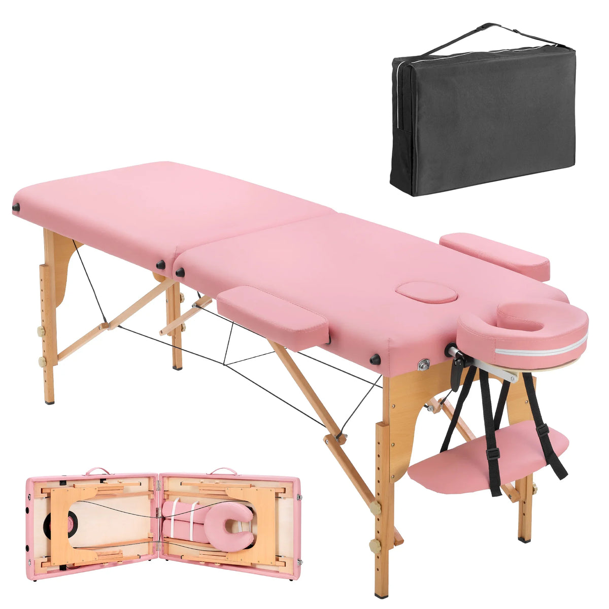 TrumanPick Massage Table Portable Lash Beds Spa Bed Massage Couch Foldable Spa Tables Adjustable 2 Fold with Non-Woven Bag 24 inch, Pink