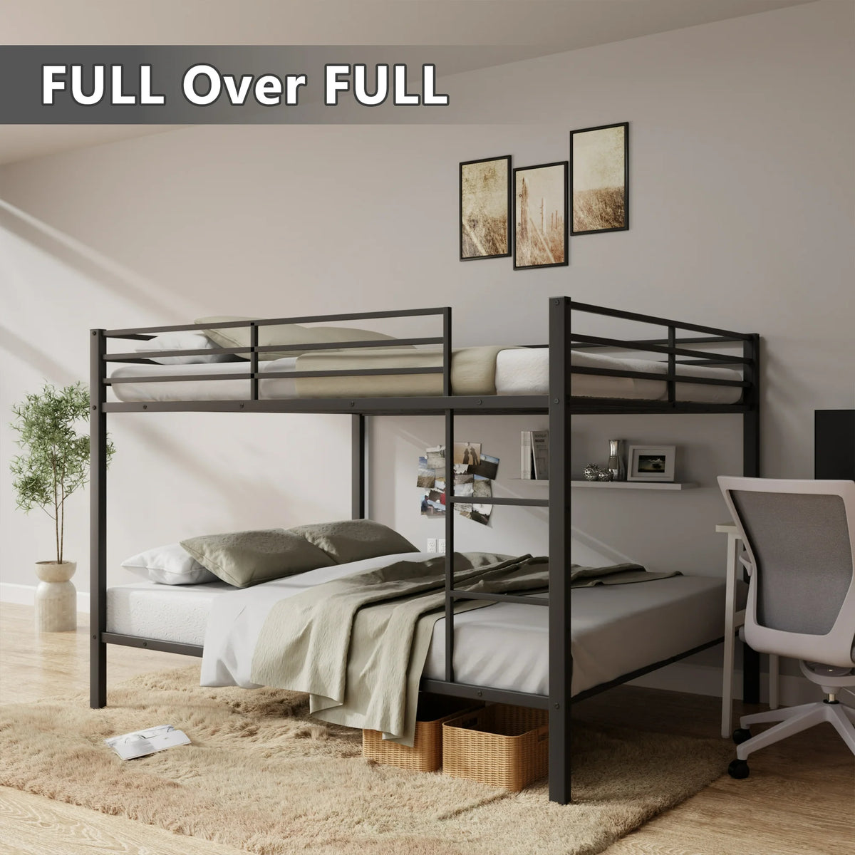 Seizeen Full Bunk Bed, Full over Full Metal Bunk Bed, Modern Retro Full Size Bunk Bed Frame with Ladder and Safety Guardrails, for Kids Teens Adults, No Box Spring Needed, L0247