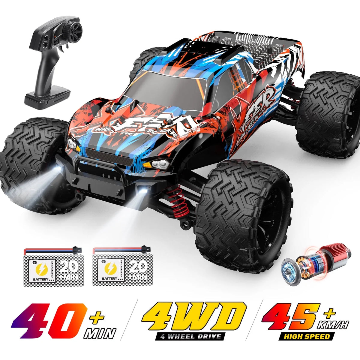 JoyStone RC Cars High Speed Remote Control Truck, 1:16 Scale 30+MPH RC Vehicle with LED Lights, 4WD All Terrain Offroad Truck with 2 Batteries, Gifts for Kids Adults