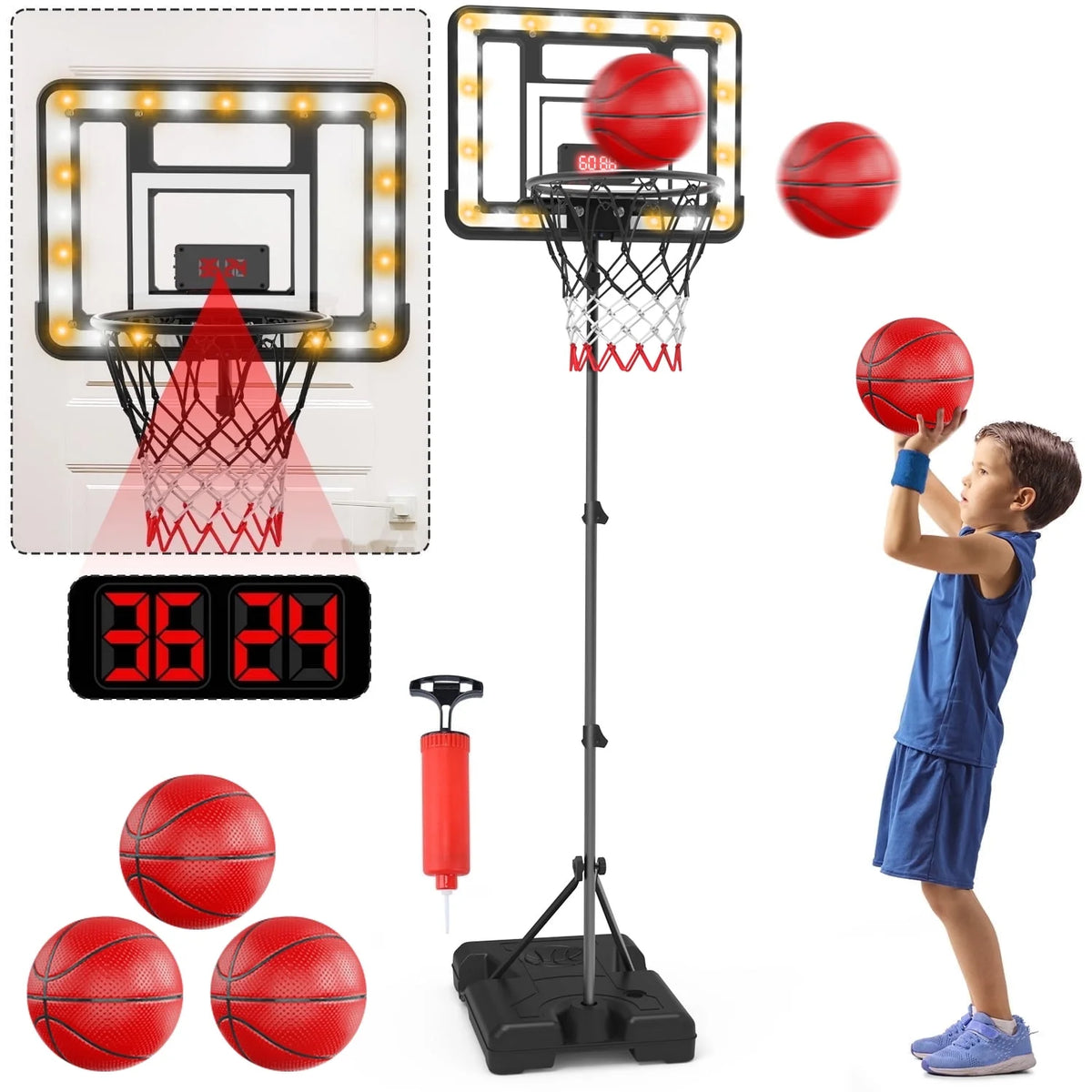 JoyStone Kids Basketball Hoop with Scoreboard & Timer, Adjustable Height 3ft-5.8ft for Young Kids Play Indoor and Outdoor Metal Hoop