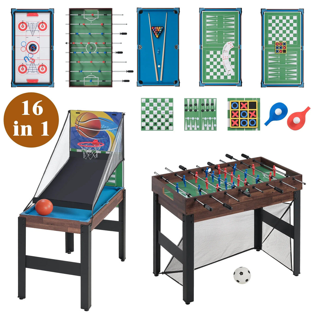 48'' 16 in 1 Multi Game Table Combo Game Table Set for Game Room, Multifunctional Game Table with Bow, Arrow, Basketball, Football, Hockey, Foosball, Shuffleboard, Ping Pong, Chess, Checkers, Bowling