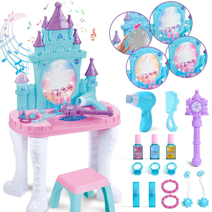 JoyStone Toddler Makeup Table with Mirror and Chair, Kids Makeup Vanity Set with Accessories and Lights and Music Sounds, Makeup Accessories & Blowdryer for Toddlers 2-5 Years Old