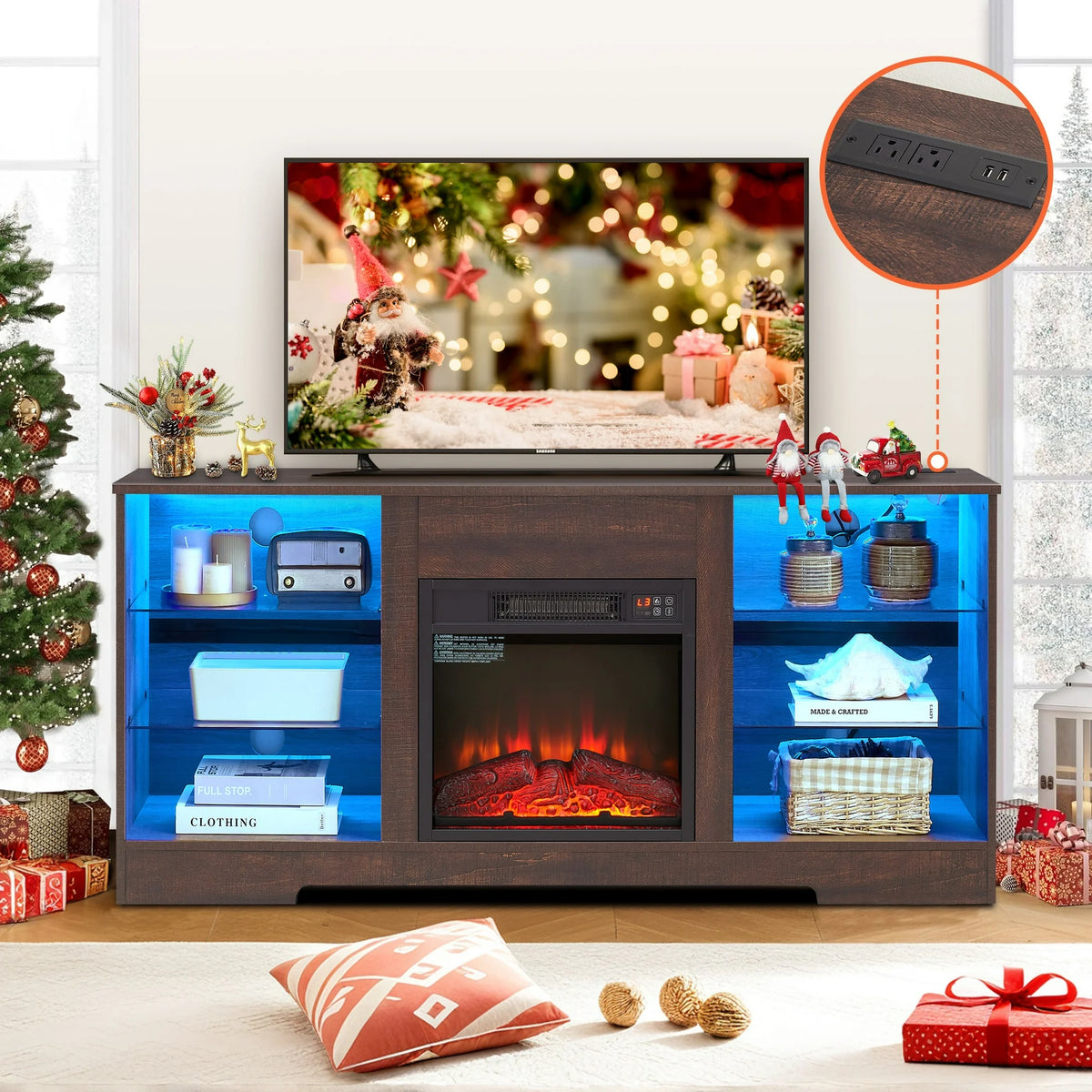 Sesslife Fireplace TV Stand with LED Light for 65 Inch TV, Farmhouse TV Console with Electric Fireplace, Console Entertainment Center Television Table with Charging Station for Living Room, Brown