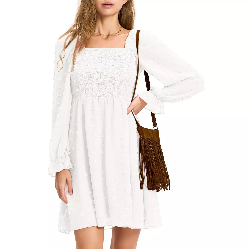 EXLURA Women's 2025 Summer Long Sleeve Party Swiss Dot Dress Smocked Ruffle Cocktail Mini Dresses