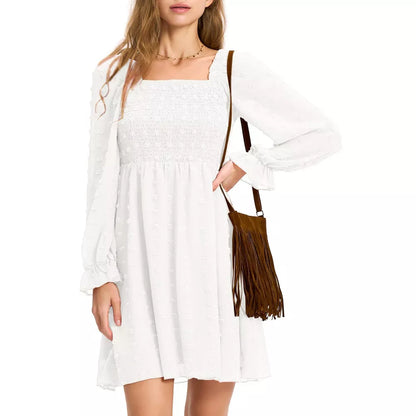 EXLURA Women's 2025 Summer Long Sleeve Party Swiss Dot Dress Smocked Ruffle Cocktail Mini Dresses