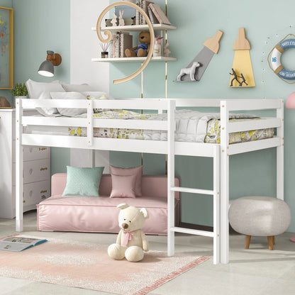 SESSLIFE Solid Wood Twin-Size Low Loft Bed with Ladder, White