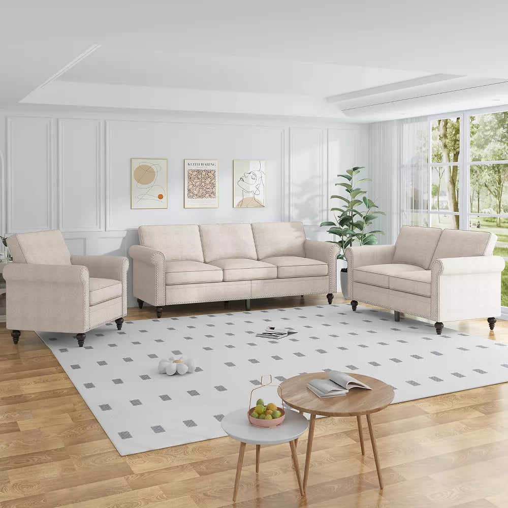 Mjkone 3-Piece Living Room Set,3-Seater Sofa Couch&Loveseat Sofa&Single Sofa Chair