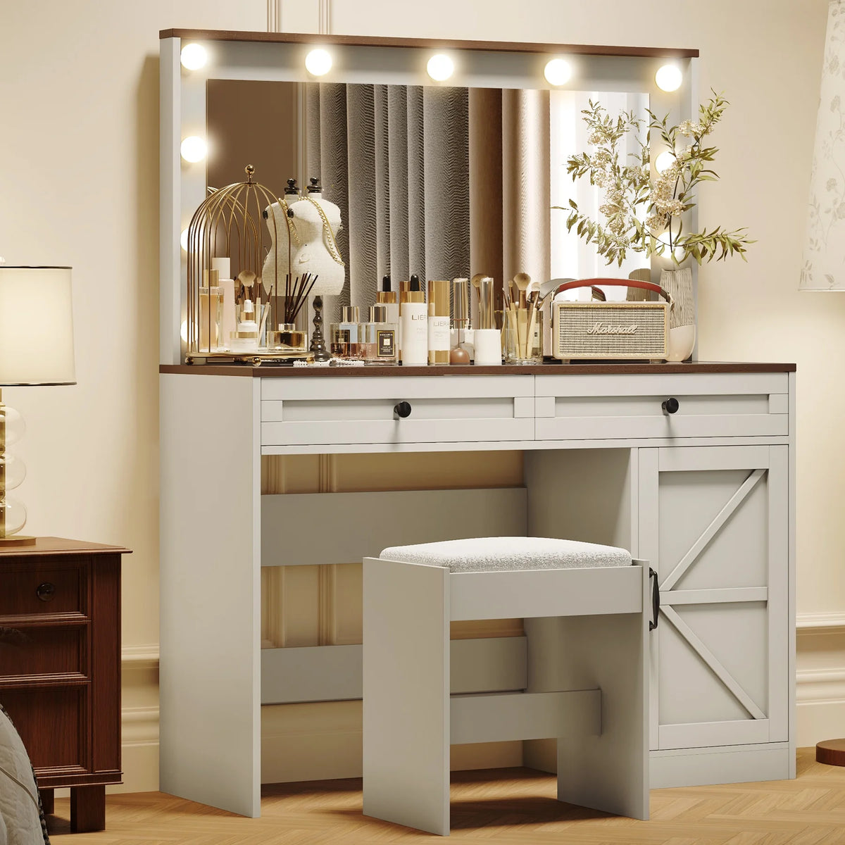 Vanity Set with Mirror and Lights, 43.4" Large Makeup Vanity Table Set for Girls, Dressing Vanity Table with Stool for Bedroom, with 2 Drawers and Visible Glass Top, White