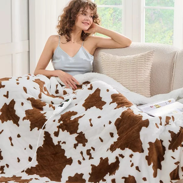 Inhand Heated Blanket Electric Throw - 50"x60" Cow Print Flannel Heating Blanket Throw Auto-Off 10 Heat Level Over-Heat Protection