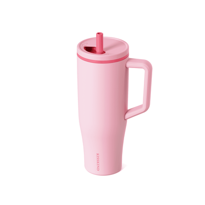 KISSKIND 40 oz Tumbler with Handle and Straw Lid, 100% Leakproof Stainless Steel Vacuum Insulated Cup Travel Coffee Mug Water Bottle, Car Cup Holder Friendly, Rubber Base, Gifts for Women Men (Pink)