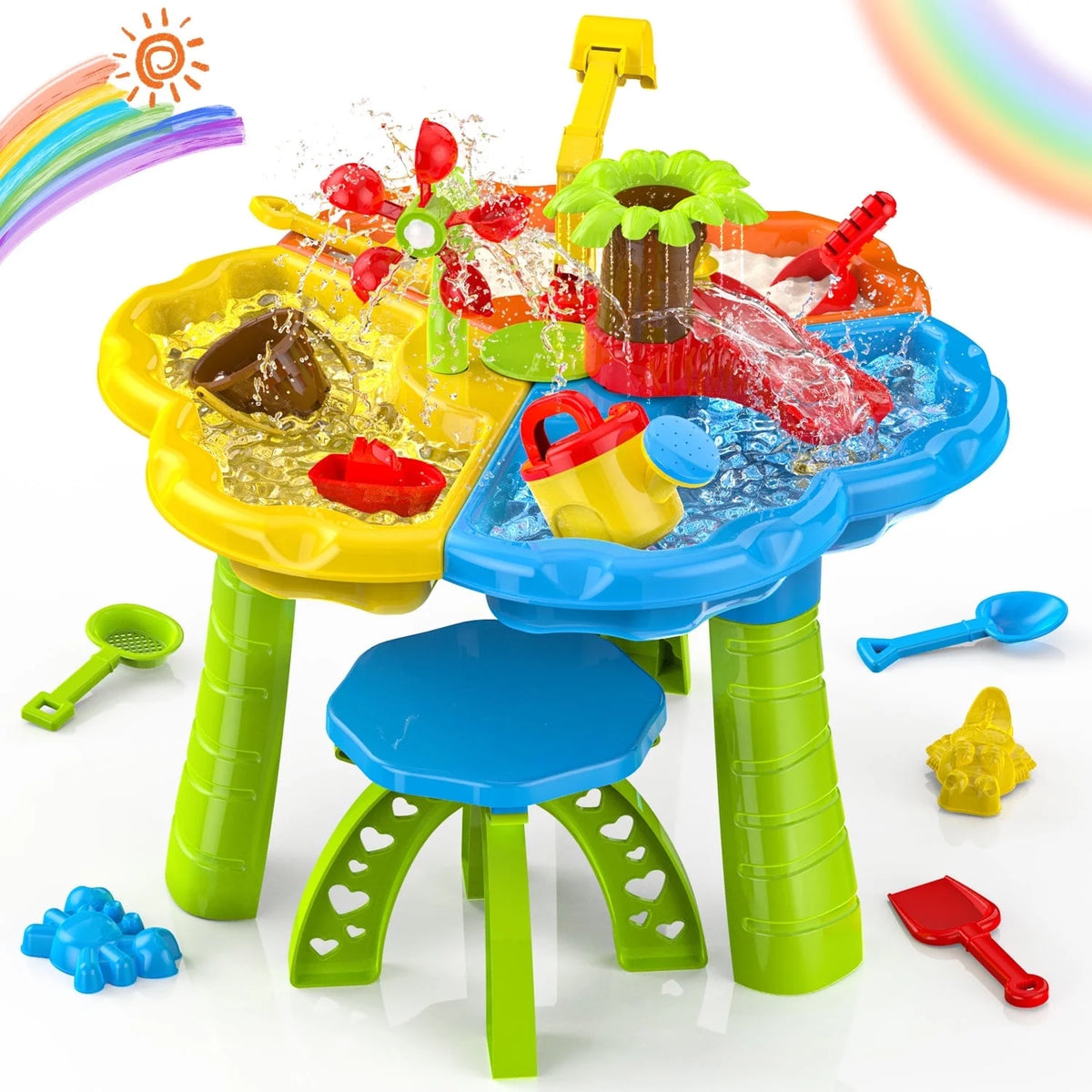 JoyStone 3 in 1 Kids Sand Water Table, 37PCS Sandbox Table Kids Activity Sensory Play Table Summer Outdoor Toys Gift for Toddler Boys Girls