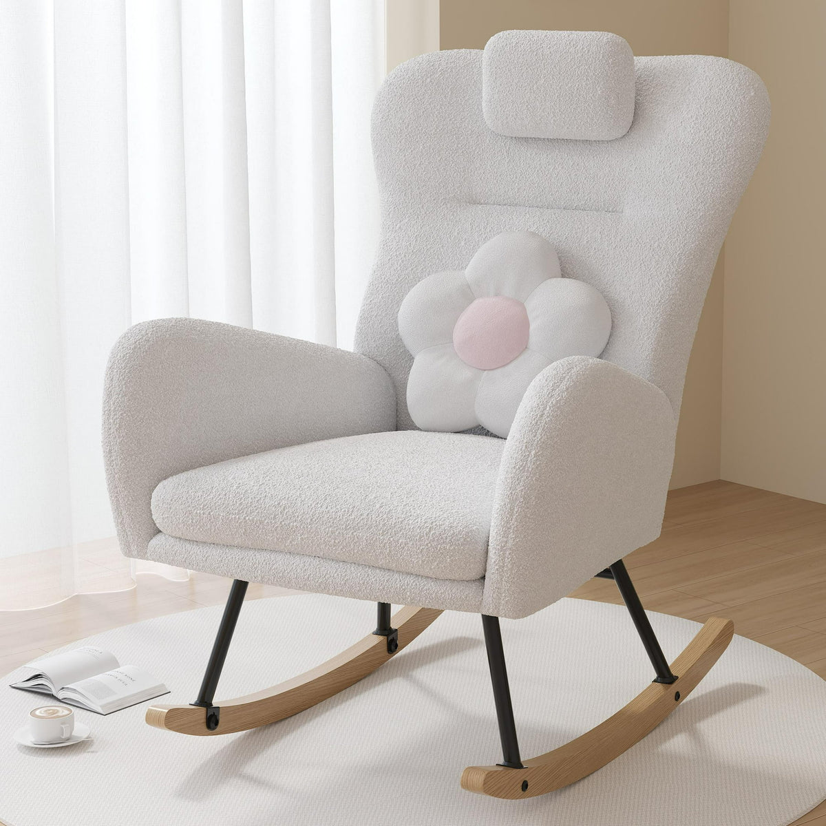PAPROOS Modern Teddy Fabric Rocking Chair, Accent Rocker Chair with High Backrest for Nursery, Accent Glider Rocker for Living Room Bedroom Playroom，White