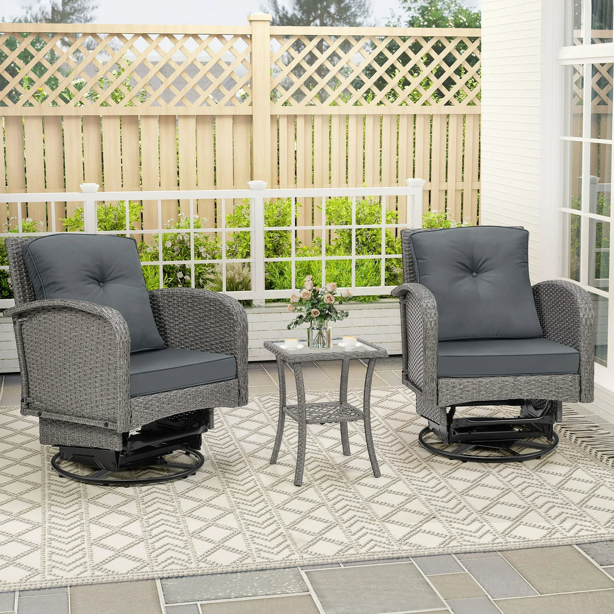 SEGMART 3 PCS Patio Swivel Rocker Set, PE Rattan Swivel Bistro Table Set, Outdoor Conversation Set with Glass Tabletop and Cushions for Balcony Patio Deck Poolside