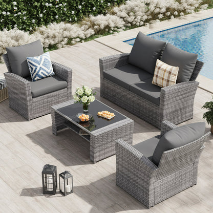 UDPATIO Wicker Patio Furniture Set, 4 Piece Outdoor Sectional Conversation Sets, Gray PE Rattan Patio Sofa Set for Balcony, Porch, Backyard, Grey
