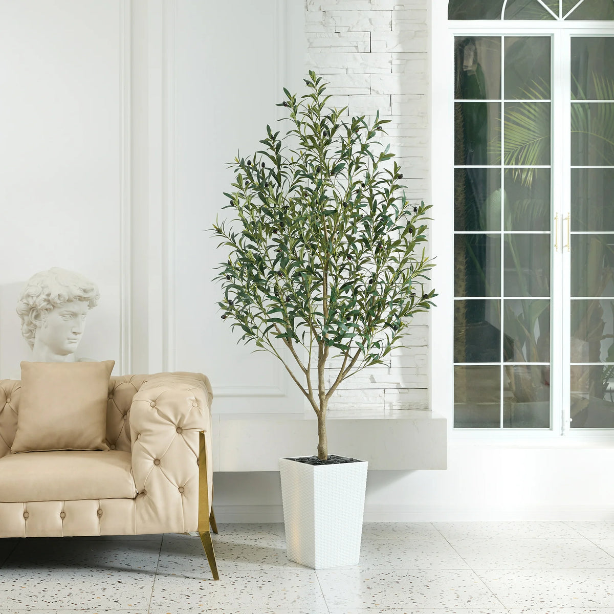 DR.Planzen 6ft Artificial Olive Tree with White Tall Planter, Realistic Silk Leaves UV Resistant Faux Indoor Outdoor Plant for Home Office House Decor