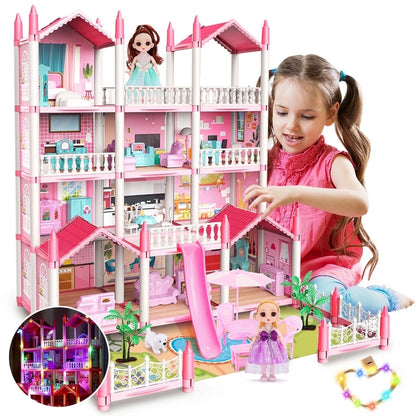 JoyStone Play Dollhouse with Doll Toy Figures, 14 Rooms Furniture and Colorful Lights, Creative Doll House Gift for Girls Ages 3+, Assemble Required, Pink