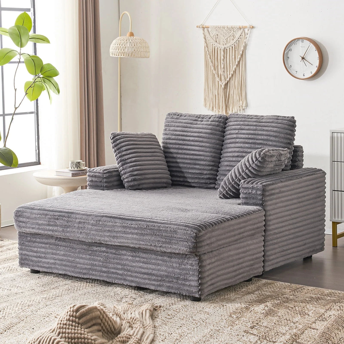 Furniliving Oversized Chaise Lounge Chair Indoor, Upholstered Sofa Bed with Throw Pillows and Armrests, Sleeper Chair for Living Room, Bedroom, Grey