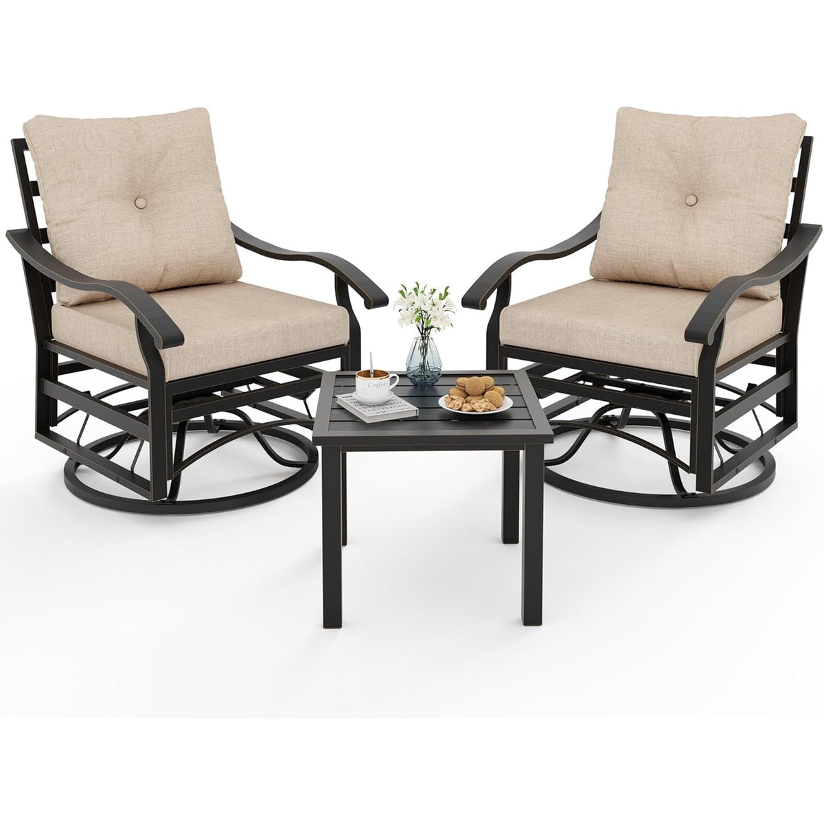 UDPATIO Outdoor Swivel Rocker Chairs, 3 Piece Metal Patio Rocking Chairs with Padded Cushions Patio Bistro Furniture Set with Side Table for Porch Balcony Backyard, Beige