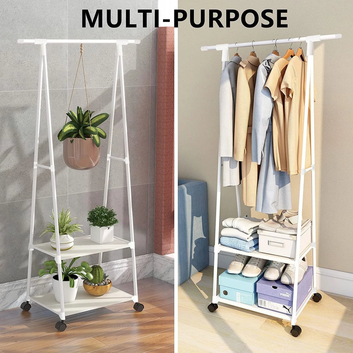 Clothes Rack on Wheels, Triangle Coat Rack, Rolling Garment Rack, 2 Tier Rolling Clothes Rack, Coat Hanging Rack, Portable Garment Laundry Rack for Home Office Dorm White