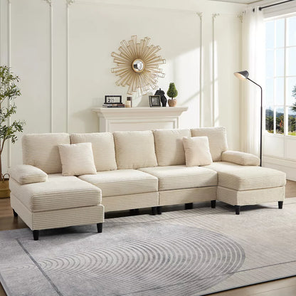 Mjkone Modern Linen 107" Convertible L-shaped Couch, Oversized Sectional Sofa, 5 Seat Corner Sofa Couch With Carbon Steel Legs