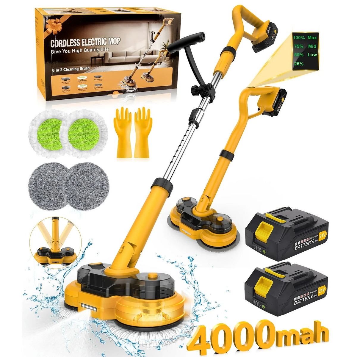 Amiluo Cordless Electric Mop, with LED Headlight & Water Sprayer, Dual-Motor Powerful Spin Mop with 300ML Water Tank, Self-Propelled, Effortless Clean & Waxing