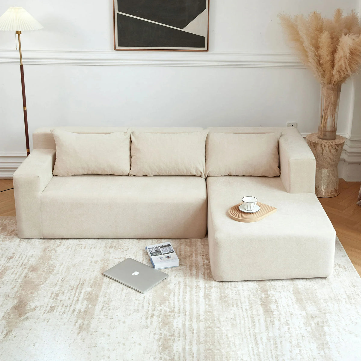 PAPROOS Compressed L-Shape Sectional Sofa Couch with Pillows, Modern Polyester 3 Seater Convertible Upholstered Couches for Living Room, Apartment, No Assembly Required, Beige