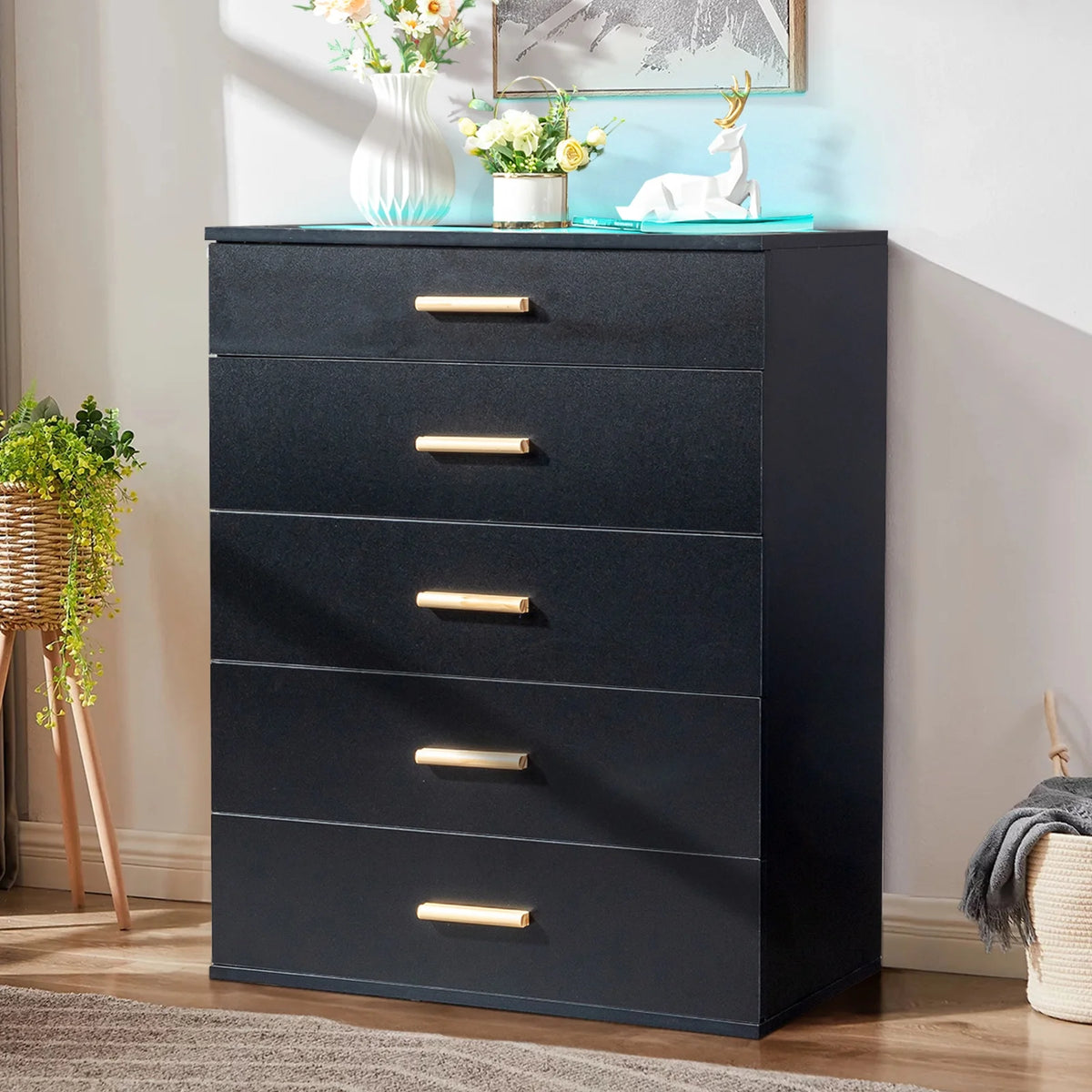 UHOMEPRO Black 5 Drawer Dresser, Chest of Drawers for Bedroom, Modern Storage Cabinet Dresser with Jewelry Organizer Unit and LED Lights for Living Room, Closet, Hallway, Nursery