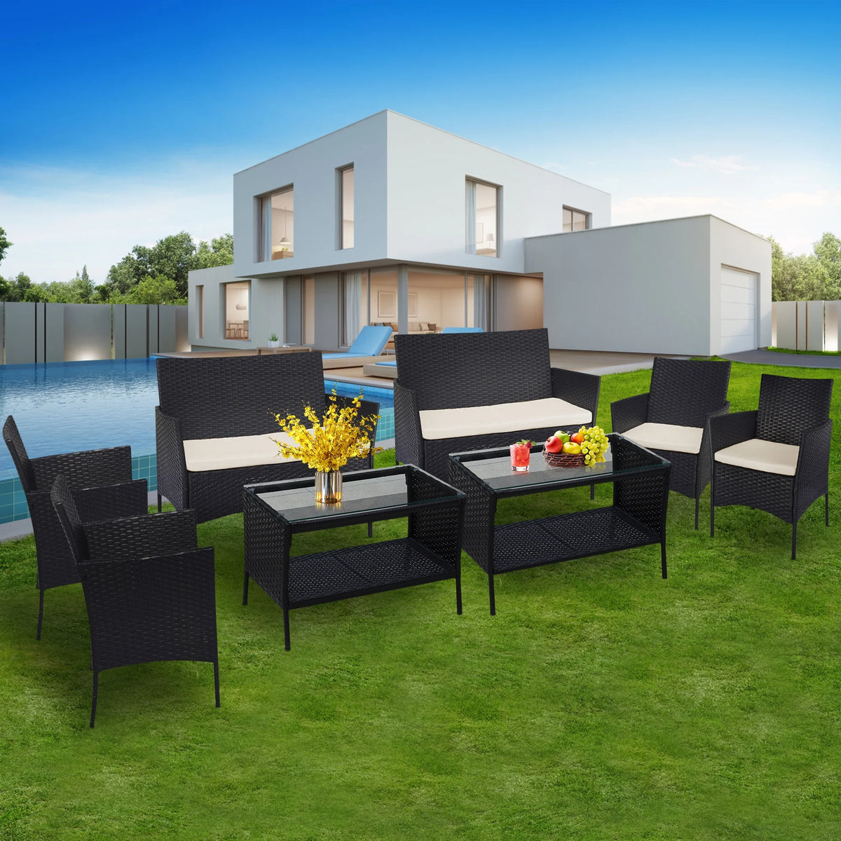 8 PCS Outdoor Patio Bistro Furniture Set, All-Weather Rattan Chair Set, Conversation Furniture Sets, Cushioned Seat & Glass Table, Bistro Table Set for Porch Garden Poolside Balcony, T208