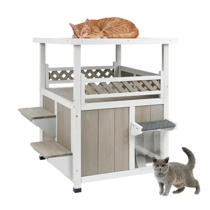 PETSCOSSET Outdoor Cat House 2 Story Wooden Houses for Outside Feral Cats Weatherproof Indoor Cat Condo with Large Balcony 2 Escape Doors to Enhanced Safety, Easy Slide Bottom, Simple Assembly