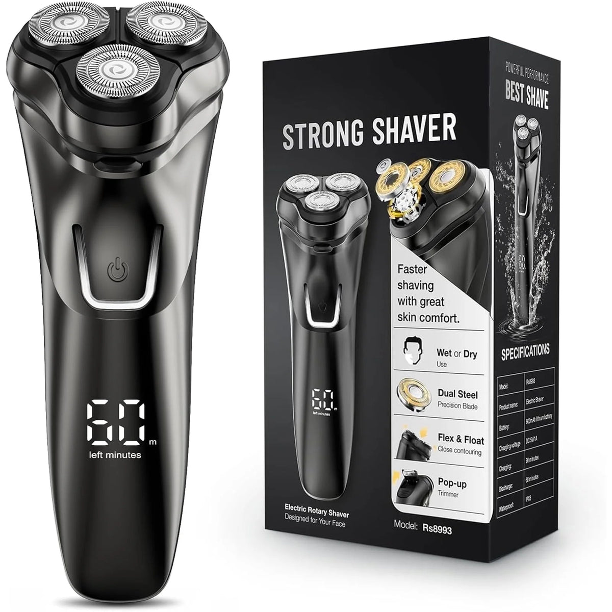 Vislone Electric Razor for Men, Rechargeable Electric Shaver for Men, Wet Dry Shaver with Pop-Up Trimmer, IPX7 Waterproof, Black