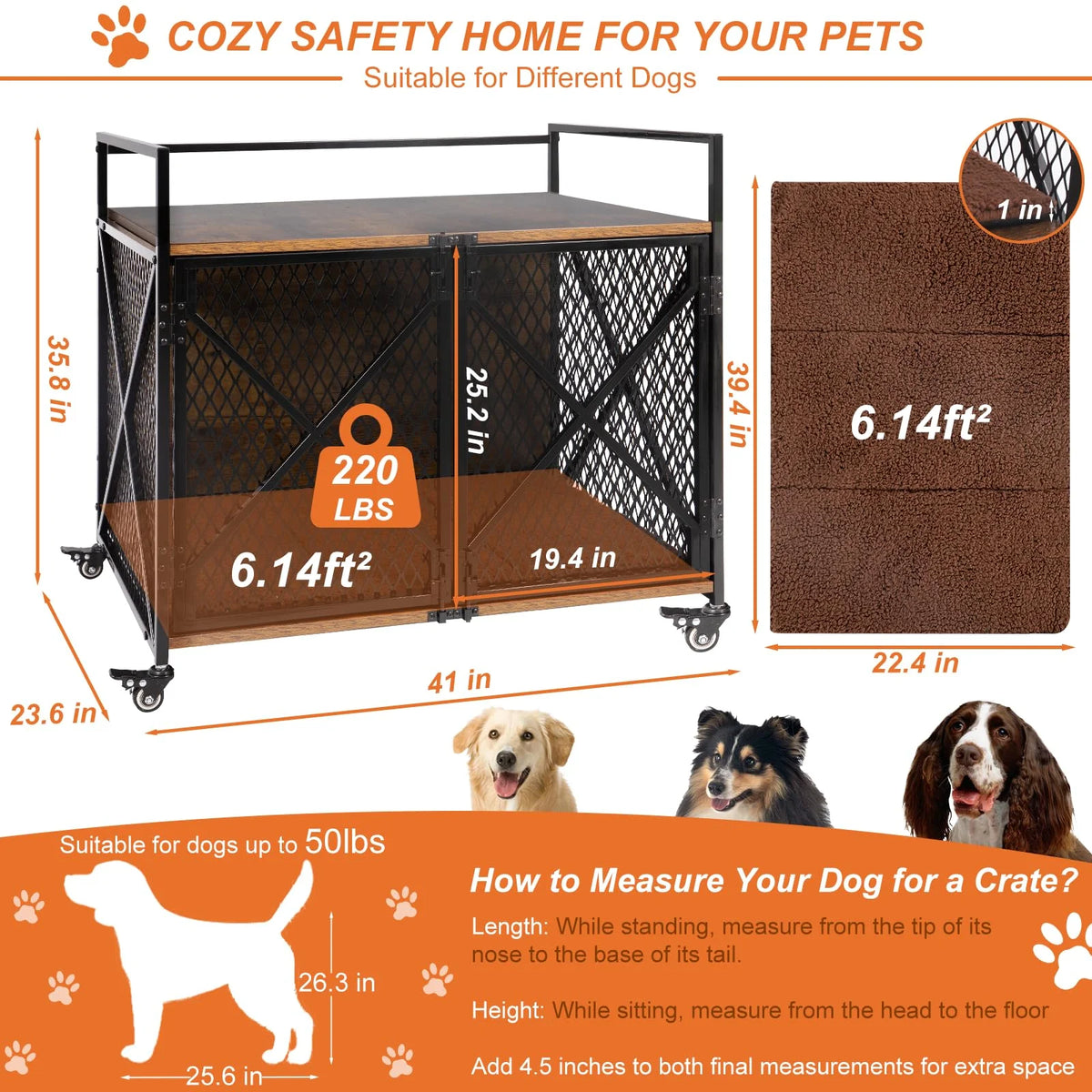 PETSCOSSET Dog Crate Furniture, 41"L Wooden Dog Kennel with Cushion