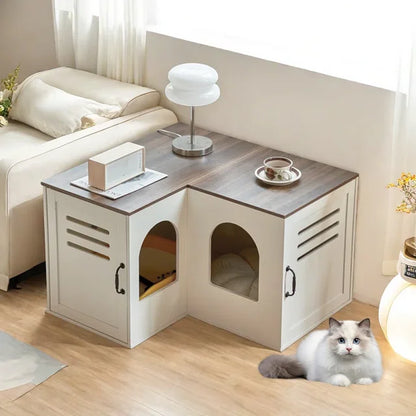 JanflyHome Litter Box Enclosure Furniture, Farmhouse Corner Cat Litter Box Enclosure for 2 Cats with 2 Silicone Food Bowls, White