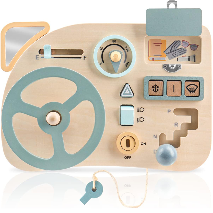 QXQ Montessori Busy Board Toy for Toddlers, Car Wooden Steering Wheel Sensory Board Educational Toys with 10 Motor Skills Activity, Driving Scene Travel Toys Toddlers Toy Gift for Boys and Girls