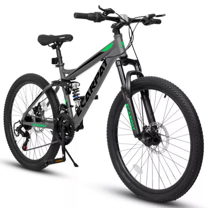 BestParts 24 Inch Mountain Bike for Adults Teens, Dual Suspension MTB Bicycle with 21-Speed & Disc Brakes, Trail Commuting Use, Grey