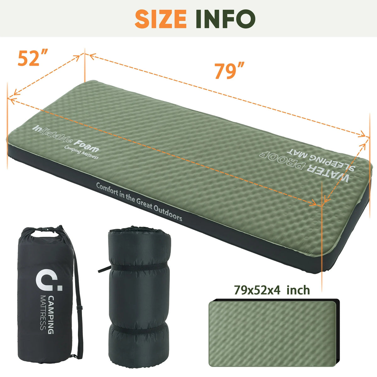 XIECUVA Self Inflating Sleeping Pad - 4" Ultra-Thick Foam Interior, Insulated Camping Mattress with Pump Sack, Sleeping Mats for Tent, Car, Truck, Van, Home (80"x52"x4")