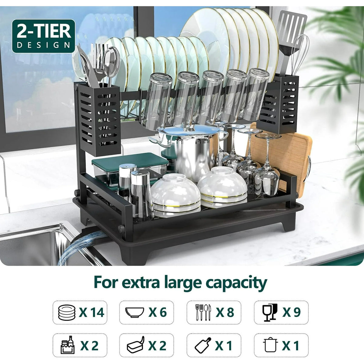 Dish Drying Rack: 2 Tier Dish Racks for Kitchen Counter and Sink - Large Dish Drying Rack with Drainboard & Utensil Holders - Stainless Steel Dish Drainers Kitchen Organization and Storage