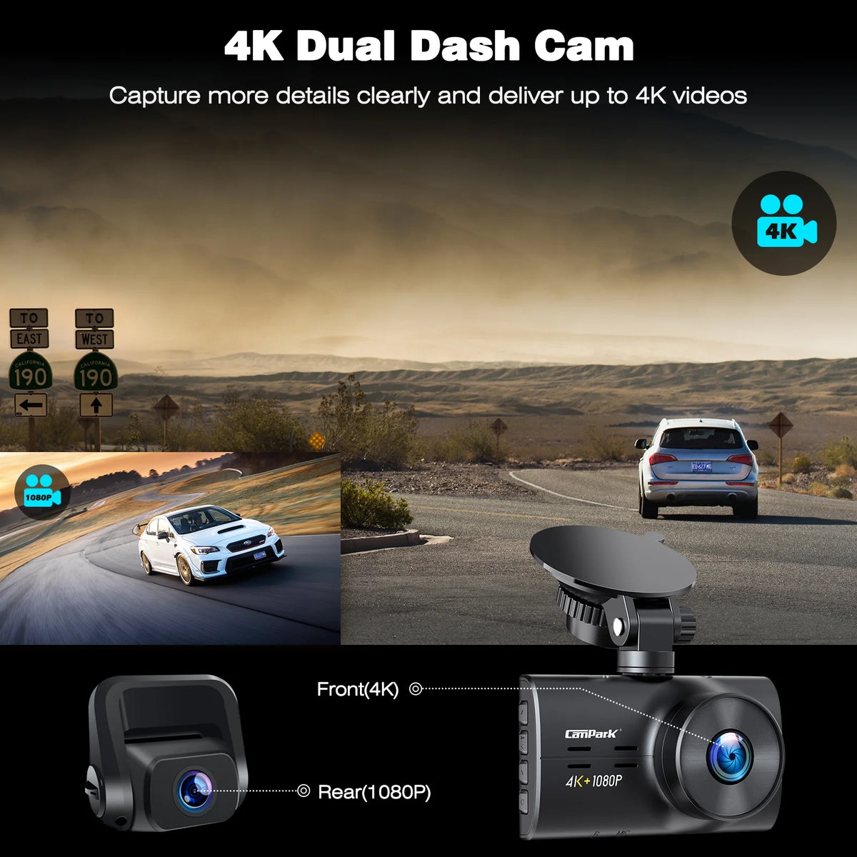 Campark 4K Dash Cam Front and Rear, 3 inch IPS Car Camera , Dual Dash Camera for Cars,UHD 2160P Night Vision, WDR