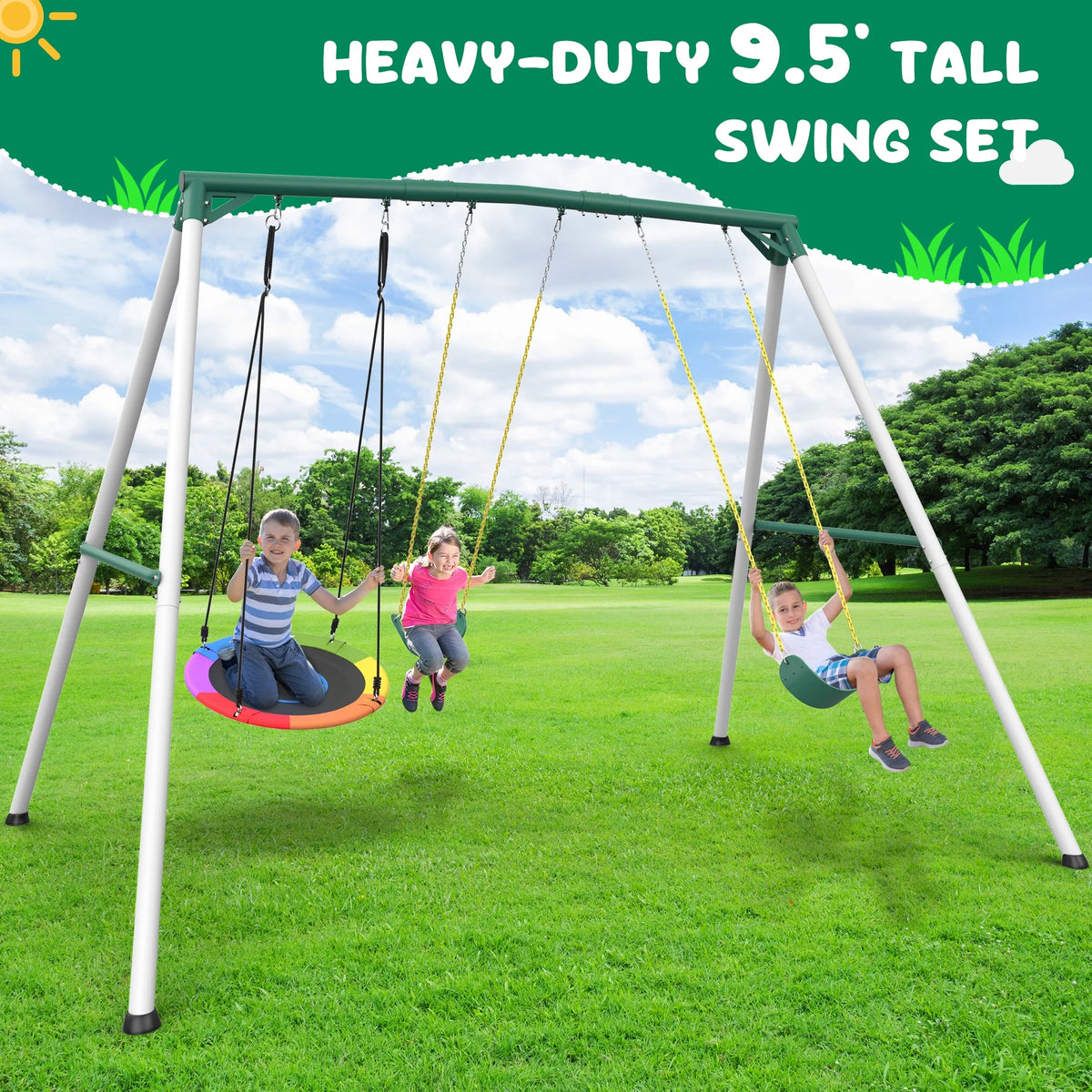 KloKick 9.5  Heavy Duty Swing Set for Kids  Adults  Includes Saucer Swing  2 Belt Swings, Outdoor Playground Equipment for Backyard Fun