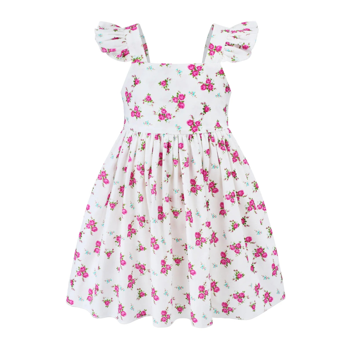 HILEELANG Toddler Flower Girl Spring Easter Pink Rose Floral Ruffled Sleeves White Backless Tie Back Knot Summer Beach Sundress 2T
