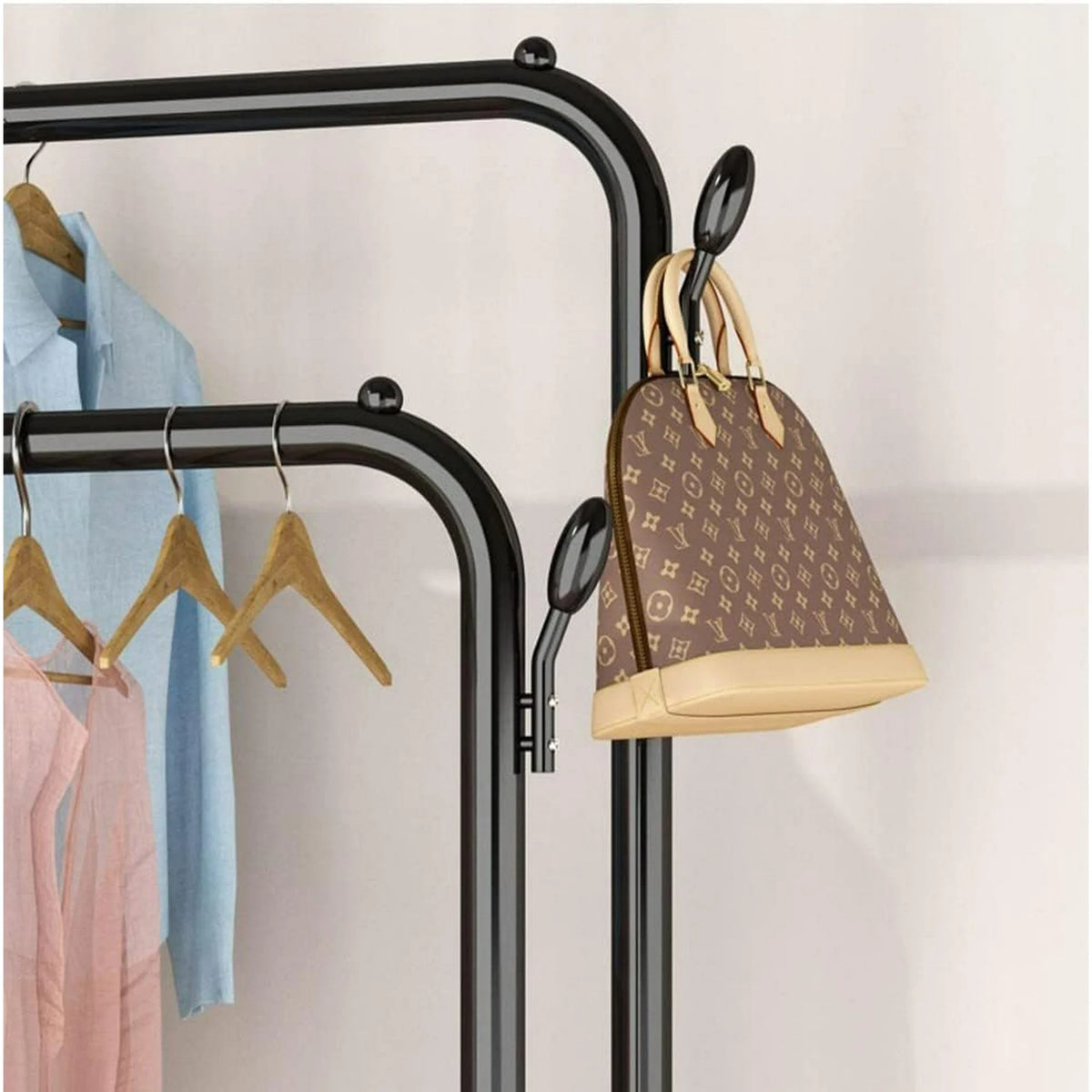 SUSUZI Double Rods Garment Rack with Wheels Freestanding Clothing Rack, Black