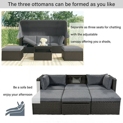 Patio Sectional Daybed, Outdoor Wicker Furniture Set with Retractable Canopy, Sectional Sofa Set w/Height Adjustable Table  Cushions for Patio Deck Poolside Garden Backyard