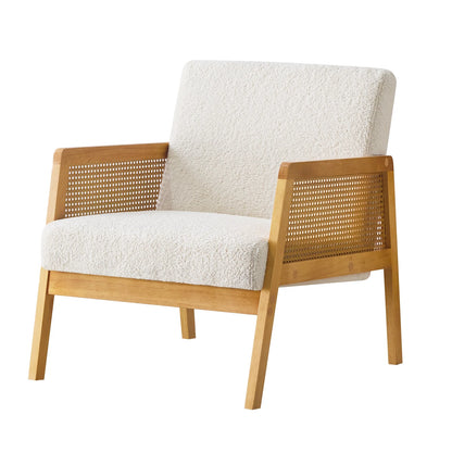 Furniliving Modern Accent Chair, Upholstered Living Room Chair with Rattan Armrest, Reading Leisure Chair, Comfy Arm Chair for Living Room, Bedroom, and Office. (Ivory White)