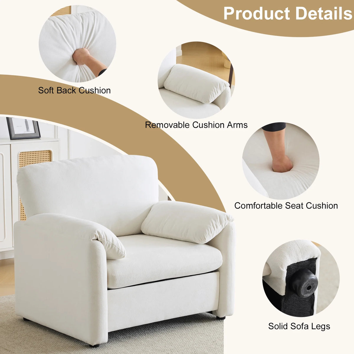 Ktaxon Oversized Accent Chair Chenille Armchair Upholstered Reading Chair Comfy Single sofa for Bedroom, Office, Apartment, Dorm Off White