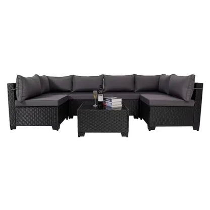 Segmart 7-Piece Outdoor Sectional Conversation Sets, Patio Furniture Sets with Thick Cushions and Tempered Glass Table, All-Weather PE Wicker Sofa for Porch Garden Backyard Balcony, Gray