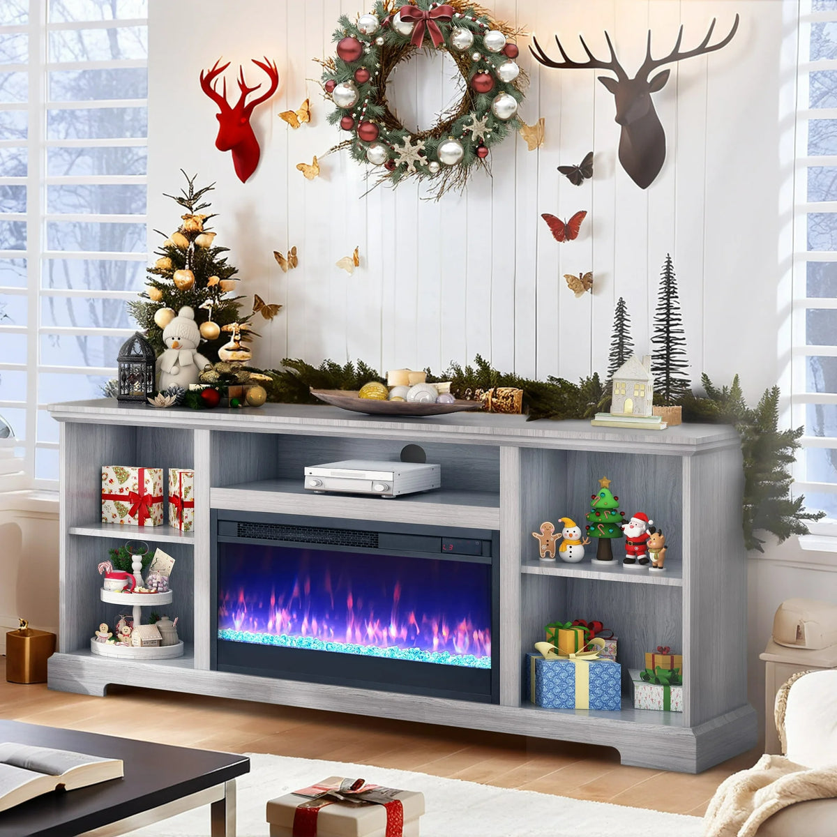 IMKHK Fireplace TV Stand for TVs up to 60", Farmhouse TV Console Table with Storage Shelves and Remote Control, Media Entertainment Center with 23" Electric Fireplace for Living Room Bedroom, Gray