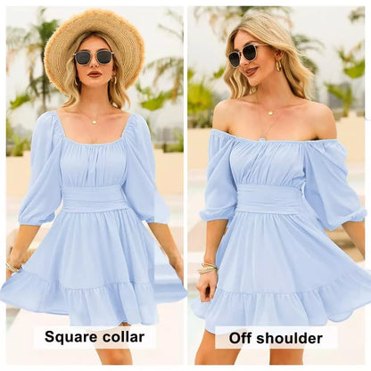 EXLURA Women's Lantern Sleeve Tie Back Summer Dress Ruffled Off Shoulder A-Line Vintage Mini Dress