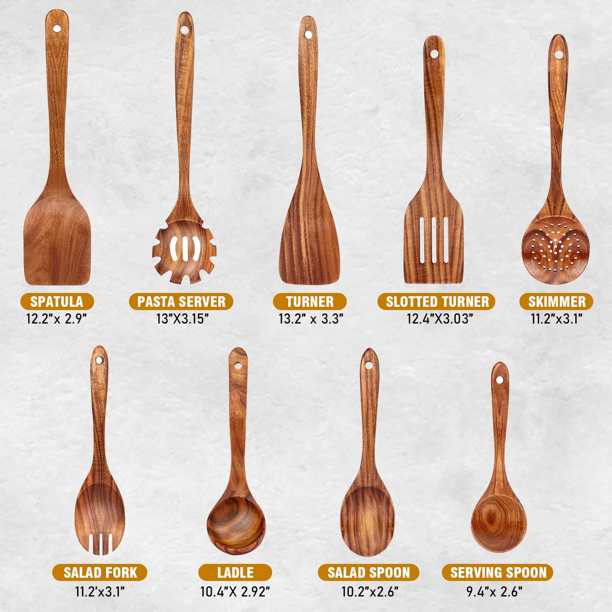 9-Piece Teak Wooden Utensils for Cooking - AOKIWO Smooth Finish Natural Teak Utensil Set - Non-Stick Wooden Spoons for Cooking - Kitchen Gift Set - Comfortable Grip Wooden Utensil Set