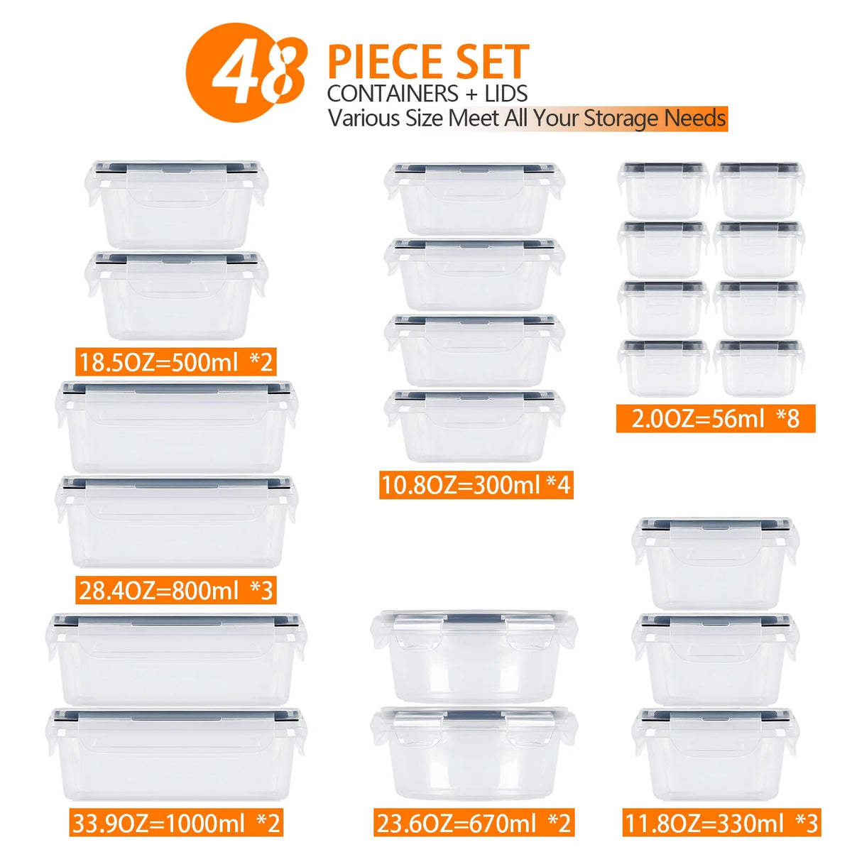 48 PCS Plastic Food Storage Containers with Lids (24 Containers & 24 Lids), Leakproof BPA-Free Containers for Kitchen Organization, Meal Prep, Reusable Lunch Container